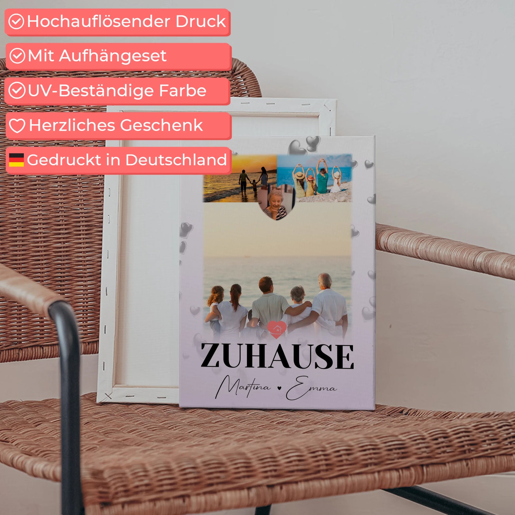 Familien Leinwand Personalisiert mit 3 Fotos und Herz Foto für Zuhause 5