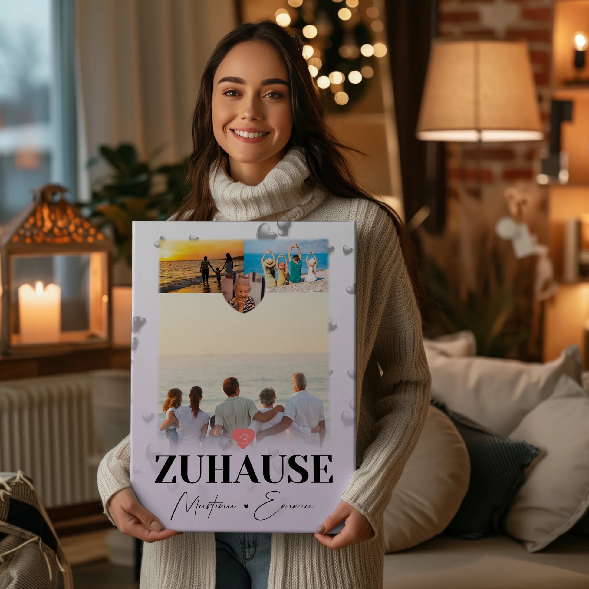 Familien Leinwand Personalisiert mit 3 Fotos und Herz Foto für Zuhause 2
