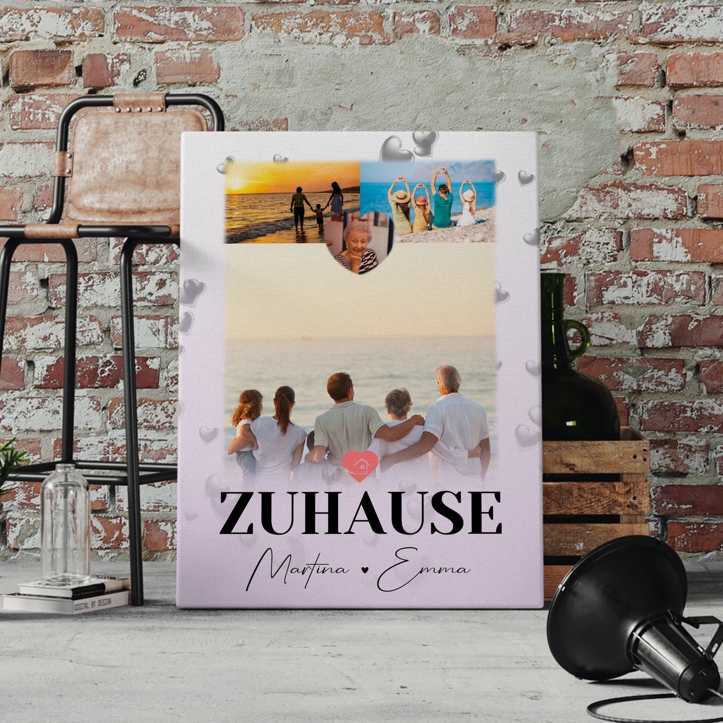Familien Leinwand Personalisiert mit 3 Fotos und Herz Foto für Zuhause 4