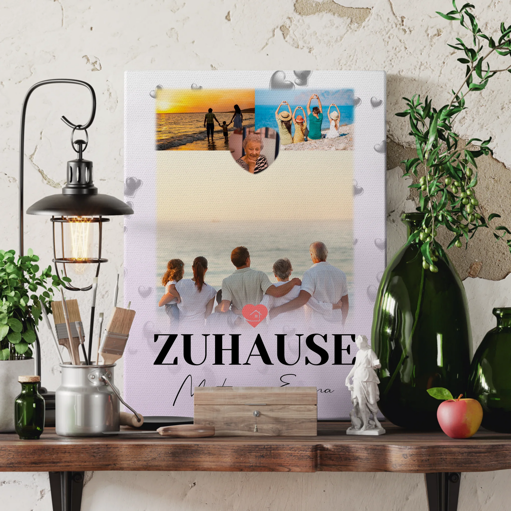 Familien Leinwand Personalisiert mit 3 Fotos und Herz Foto für Zuhause 3