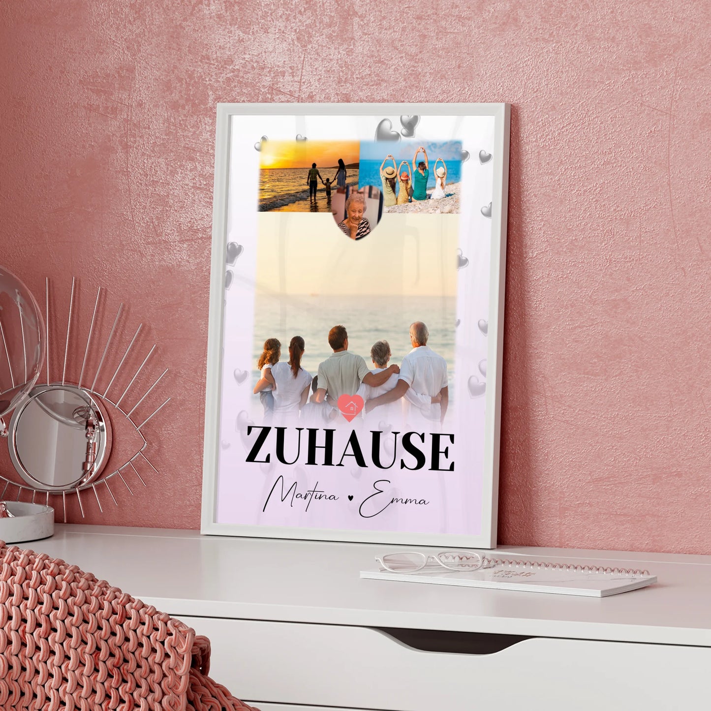 Poster Namen Familie mit 3 Fotos und 1 Herz Foto für dein Zuhause