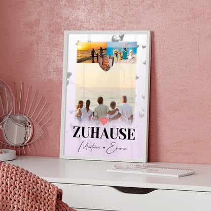 Poster Namen Familie mit 3 Fotos und 1 Herz Foto für dein Zuhause