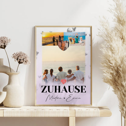 Poster Namen Familie mit 3 Fotos und 1 Herz Foto für dein Zuhause