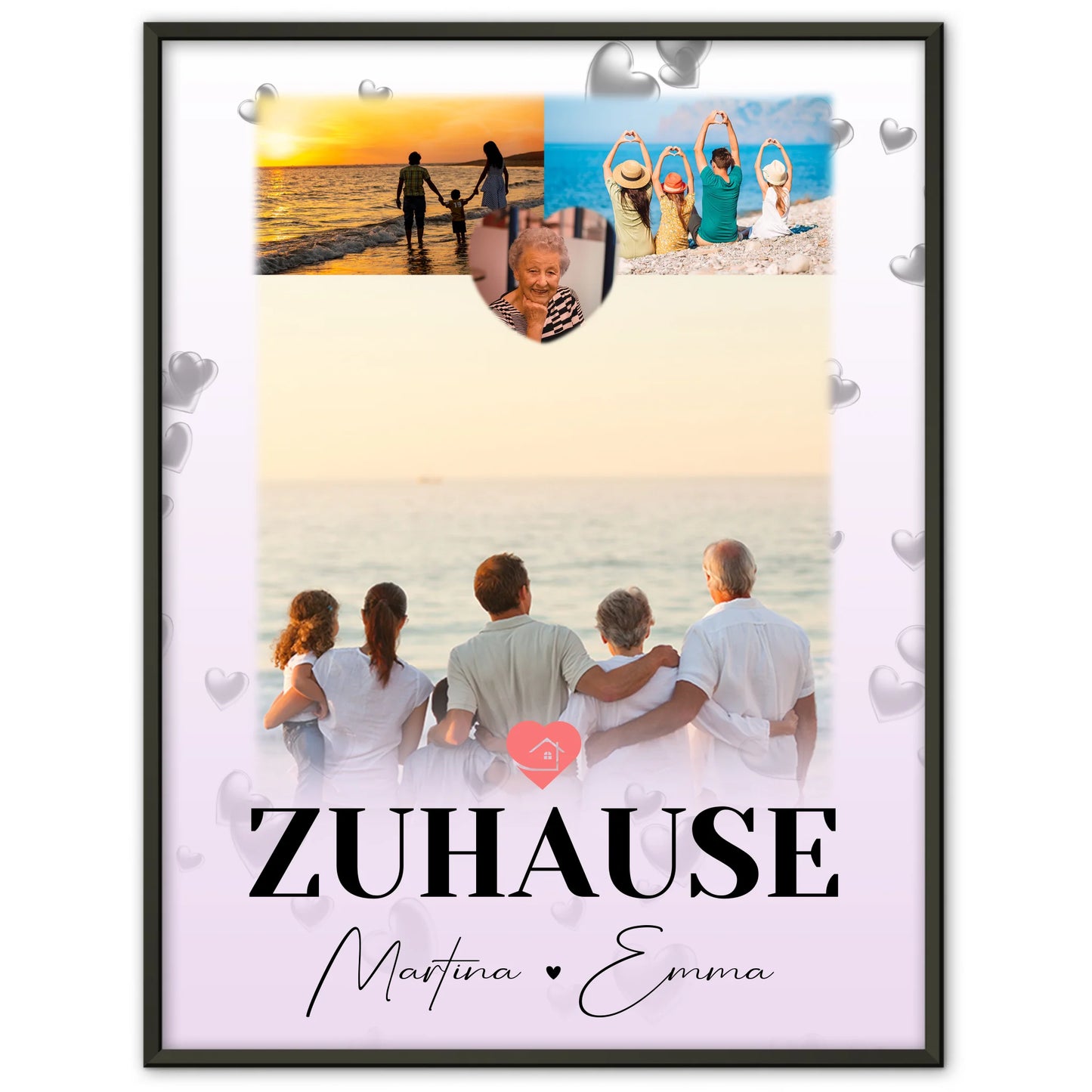 Poster Namen Familie mit 3 Fotos und 1 Herz Foto für dein Zuhause
