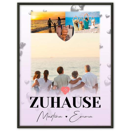 Poster Namen Familie mit 3 Fotos und 1 Herz Foto für dein Zuhause