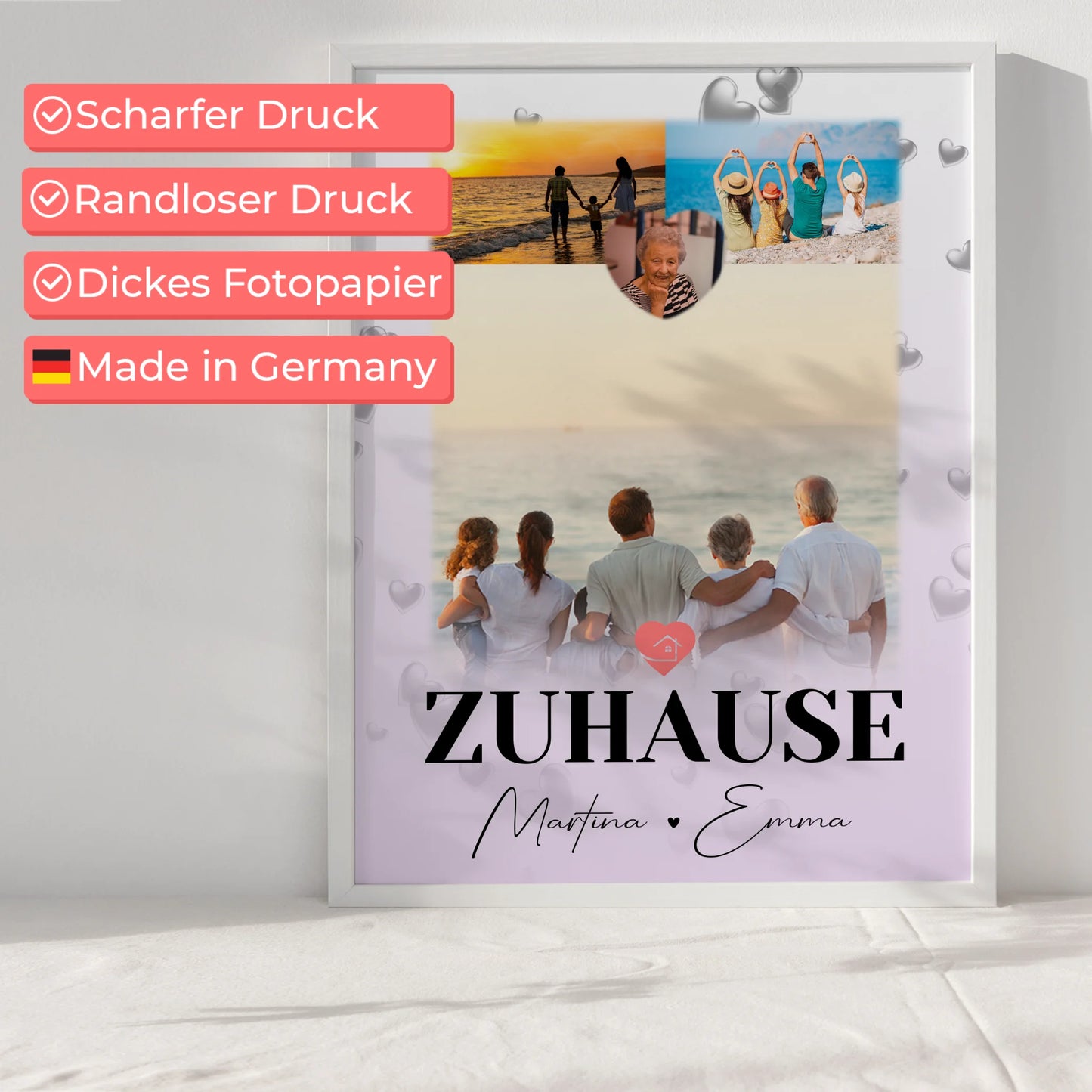 Poster Namen Familie mit 3 Fotos und 1 Herz Foto für dein Zuhause
