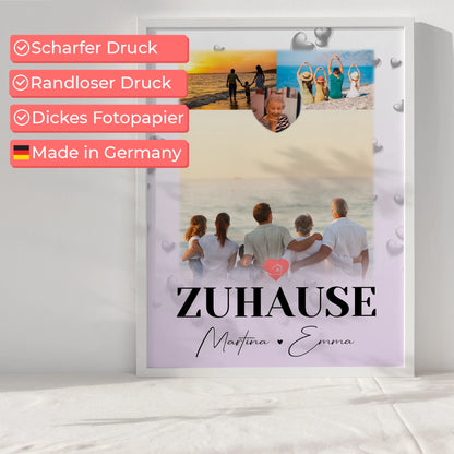 Poster Namen Familie mit 3 Fotos und 1 Herz Foto für dein Zuhause