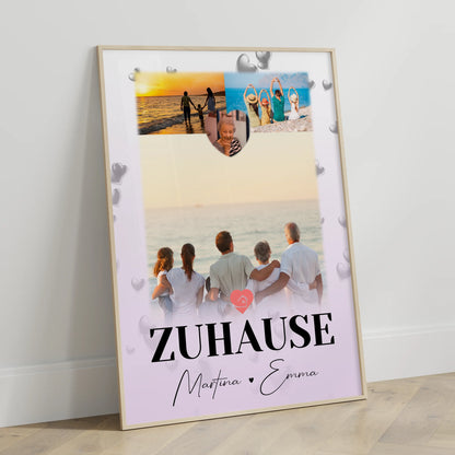 Poster Namen Familie mit 3 Fotos und 1 Herz Foto für dein Zuhause