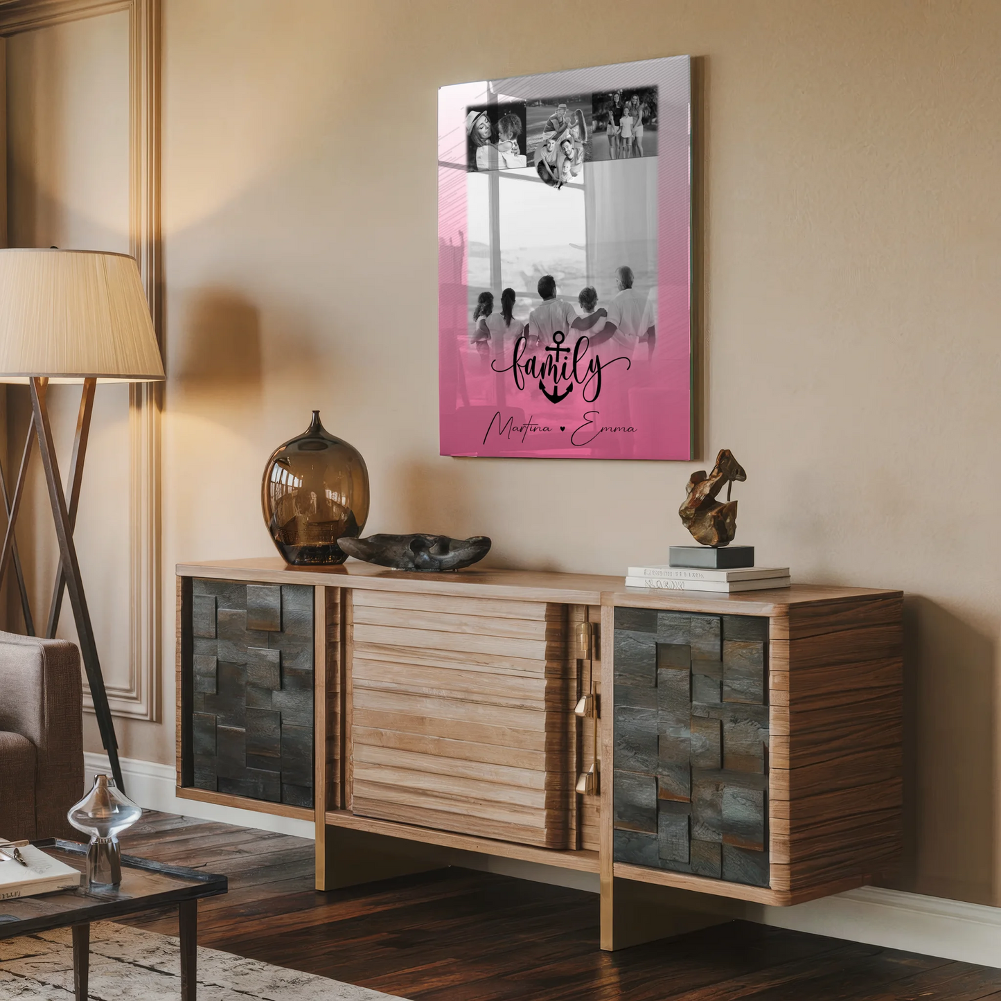 Wandbild Familie Personalisiert mit 4 Fotos und Kleinem Herz Foto für Family Freude