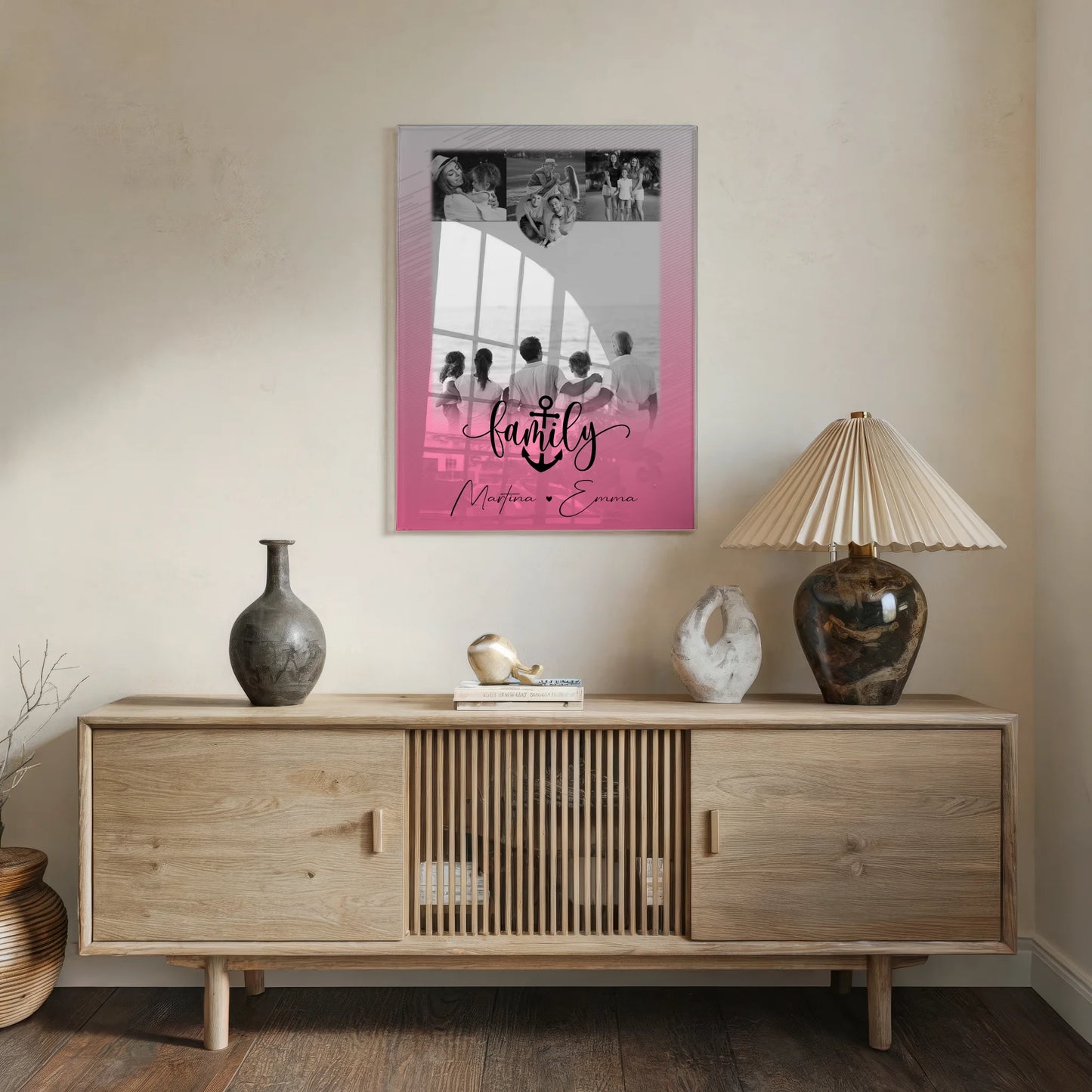 Wandbild Familie Personalisiert mit 4 Fotos und Kleinem Herz Foto für Family Freude