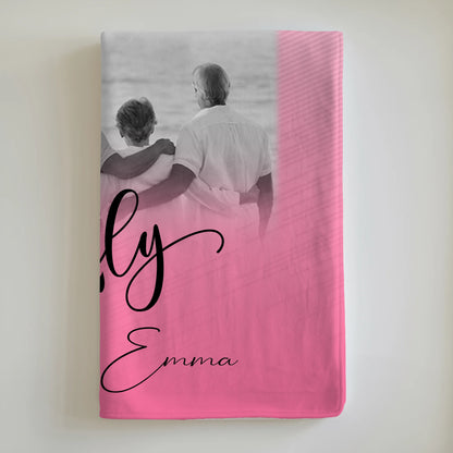 Personalisierte Family Namensdecke mit 4 Fotos und 1 Kleines Herz Foto für besondere Momente 6