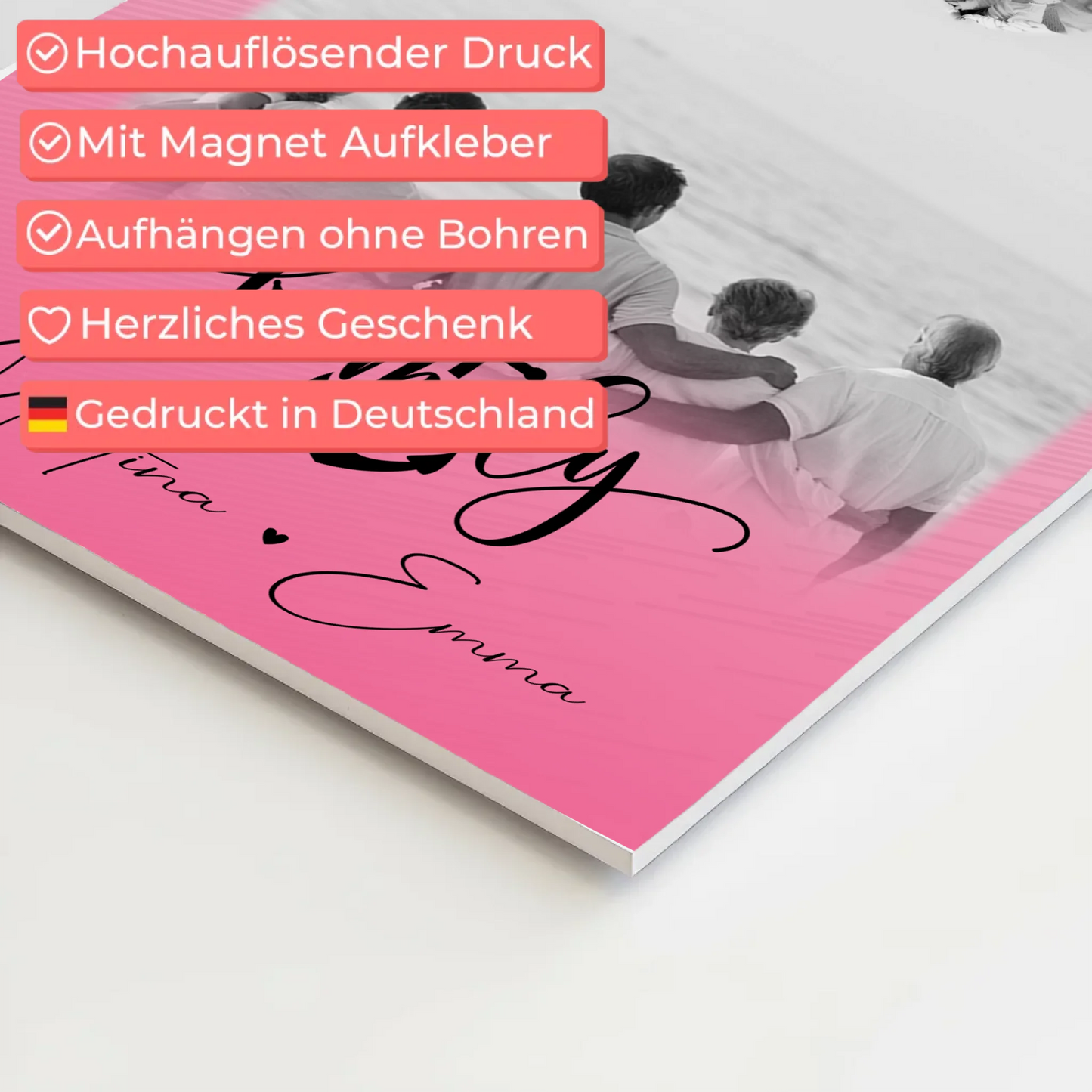 Familienbild Personalisiert mit 4 Fotos und 1 Kleines Herz Foto für Family Geschenk 4