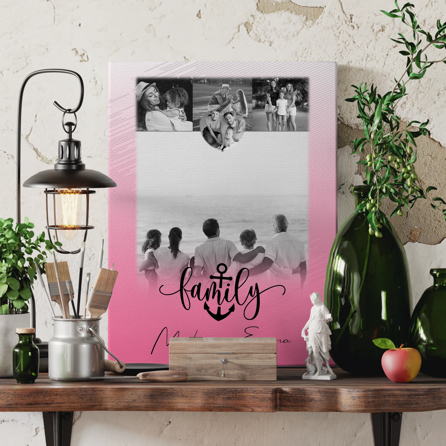 Familienbild Personalisiert Leinwand mit 4 Fotos und Herz Motiv für Family Geschenk 3