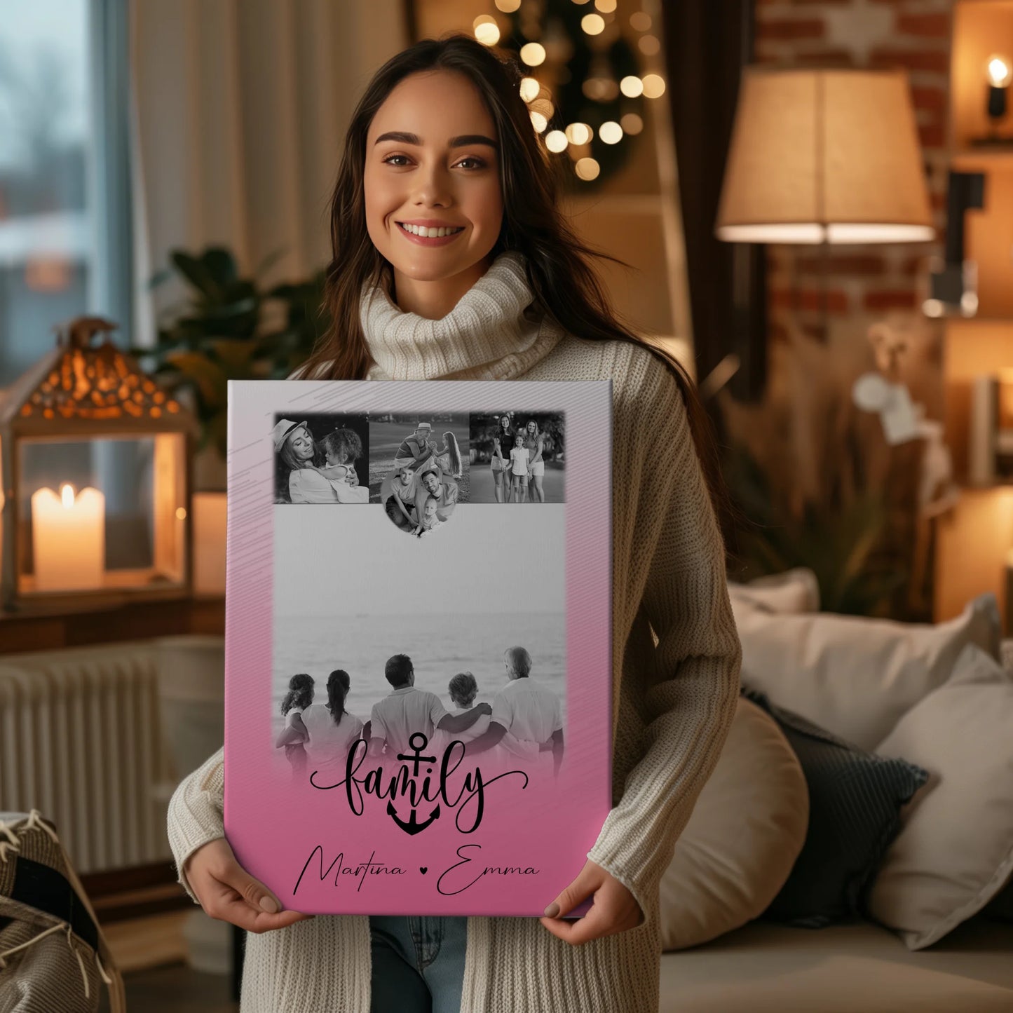 Familienbild Personalisiert Leinwand mit 4 Fotos und Herz Motiv für Family Geschenk 2