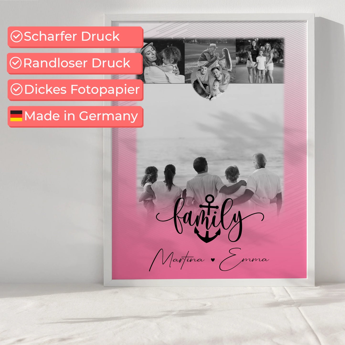 Personalisiertes Poster Mit Namen Familie 4 Fotos und 1 Kleines Herz Foto Family