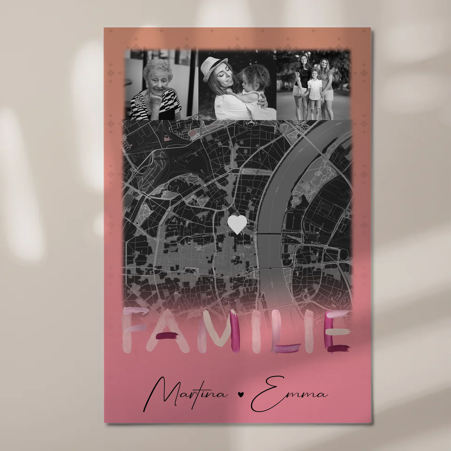 Familienbild Personalisiert mit 4 Fotos und Karte Familiengeschenk individuell gestaltet