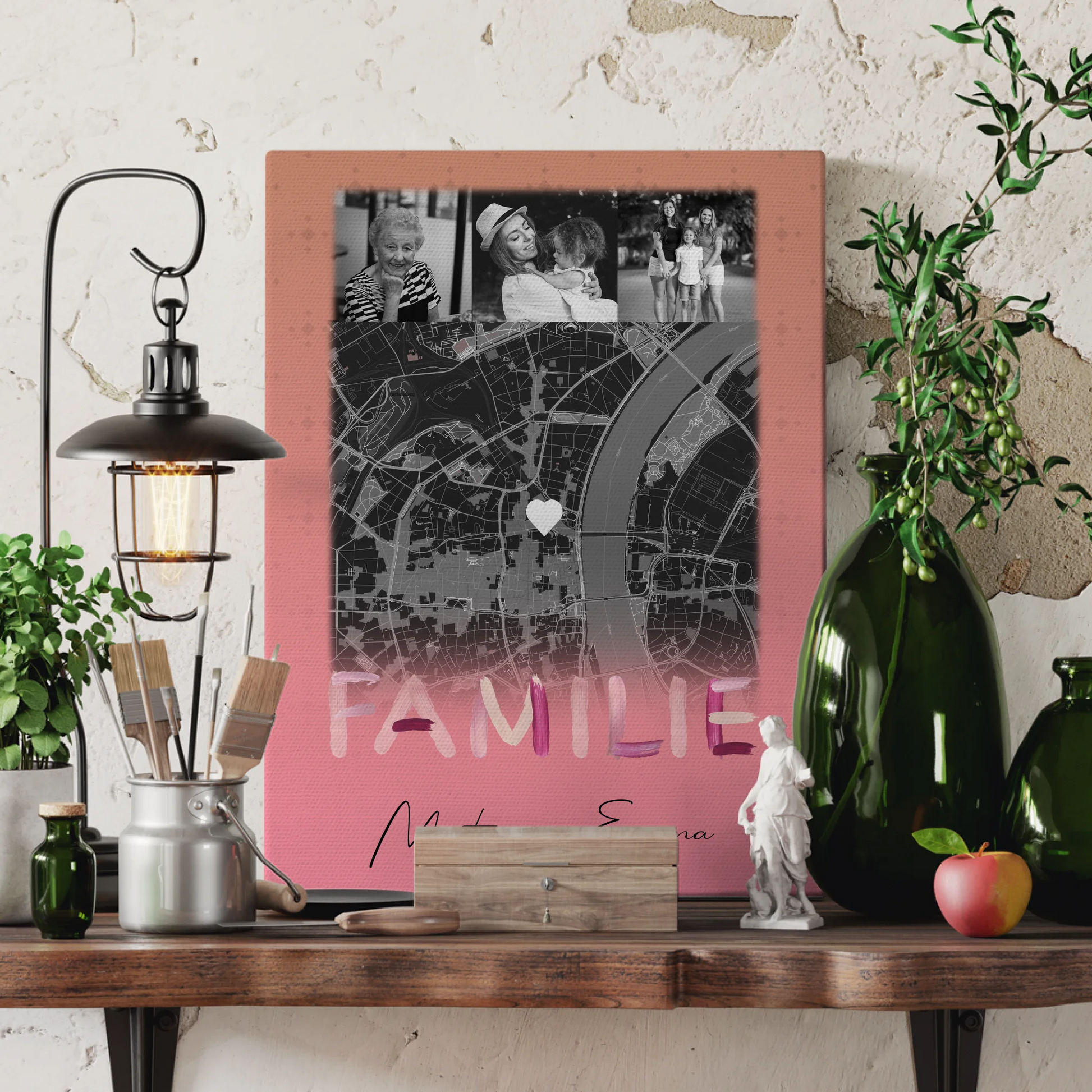 Personalisiertes Leinwand Wandbild Familie mit 4 Fotos und Karte Familiengeschenk 3