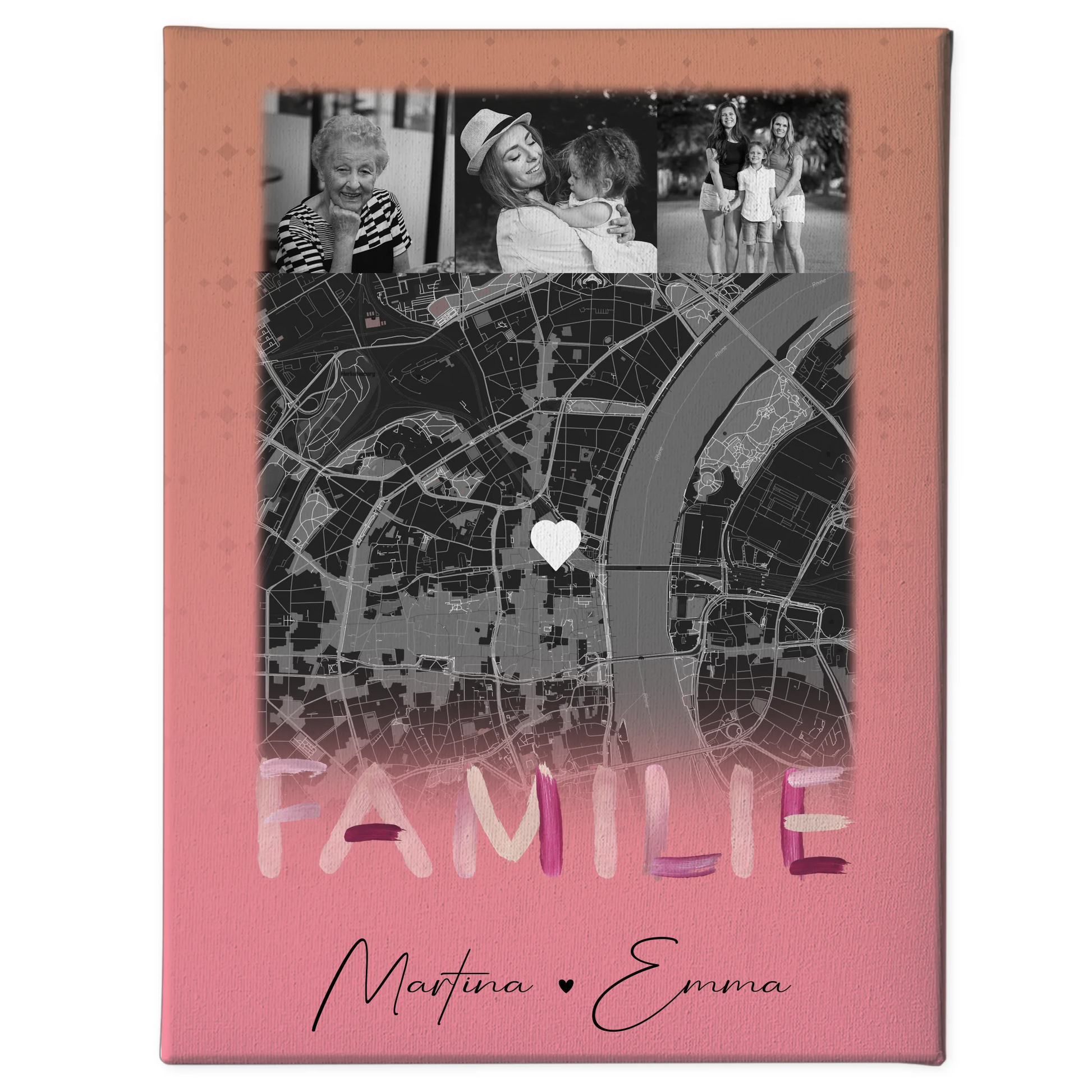 Personalisiertes Leinwand Wandbild Familie mit 4 Fotos und Karte Familiengeschenk 1