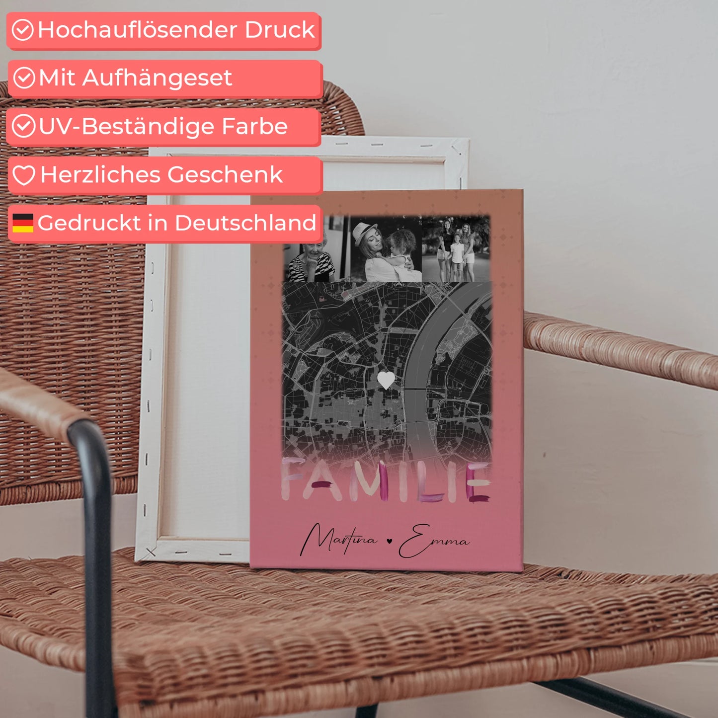 Personalisiertes Leinwand Wandbild Familie mit 4 Fotos und Karte Familiengeschenk 5