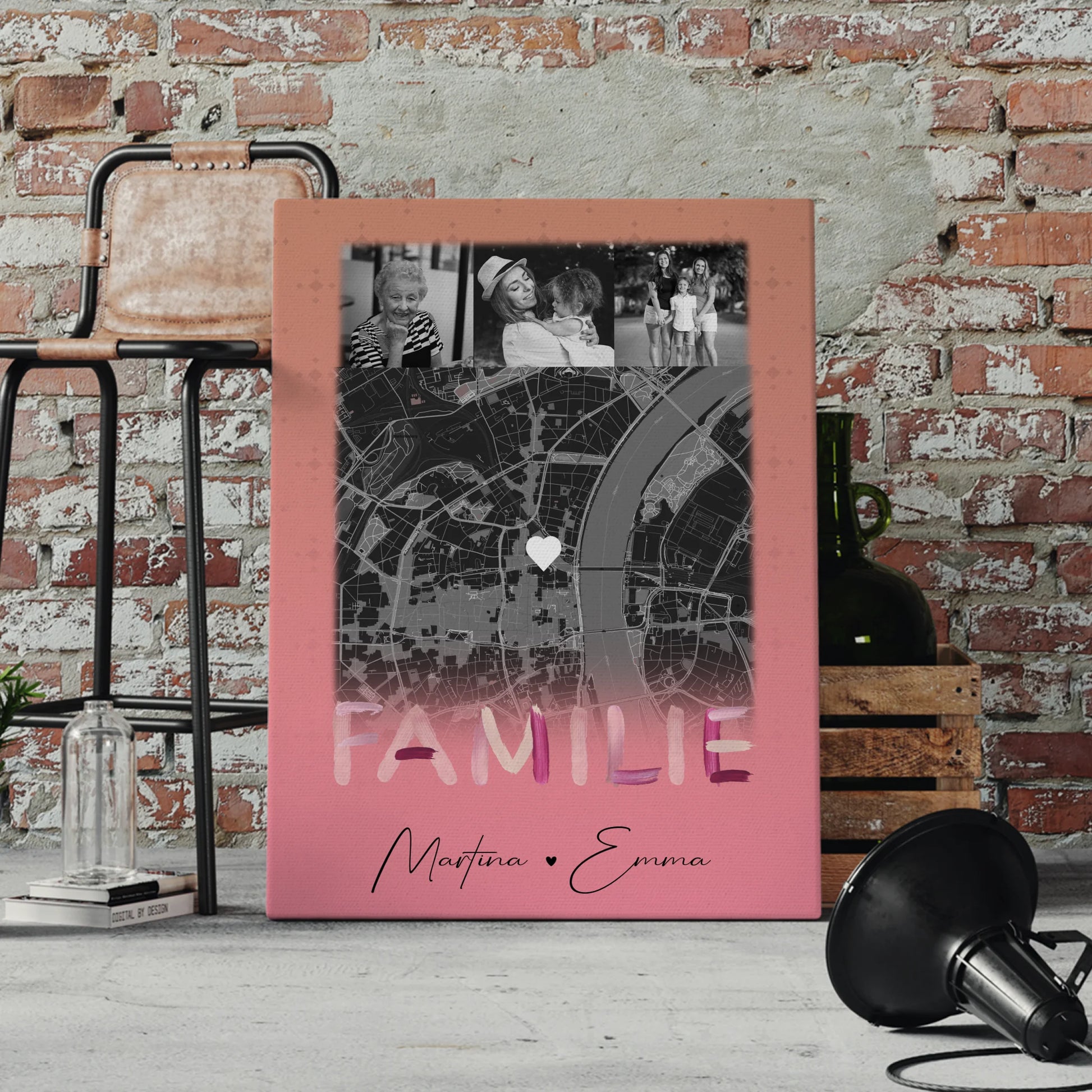 Personalisiertes Leinwand Wandbild Familie mit 4 Fotos und Karte Familiengeschenk 4