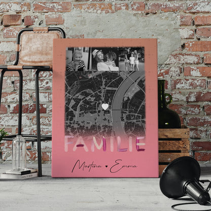 Personalisiertes Leinwand Wandbild Familie mit 4 Fotos und Karte Familiengeschenk 4