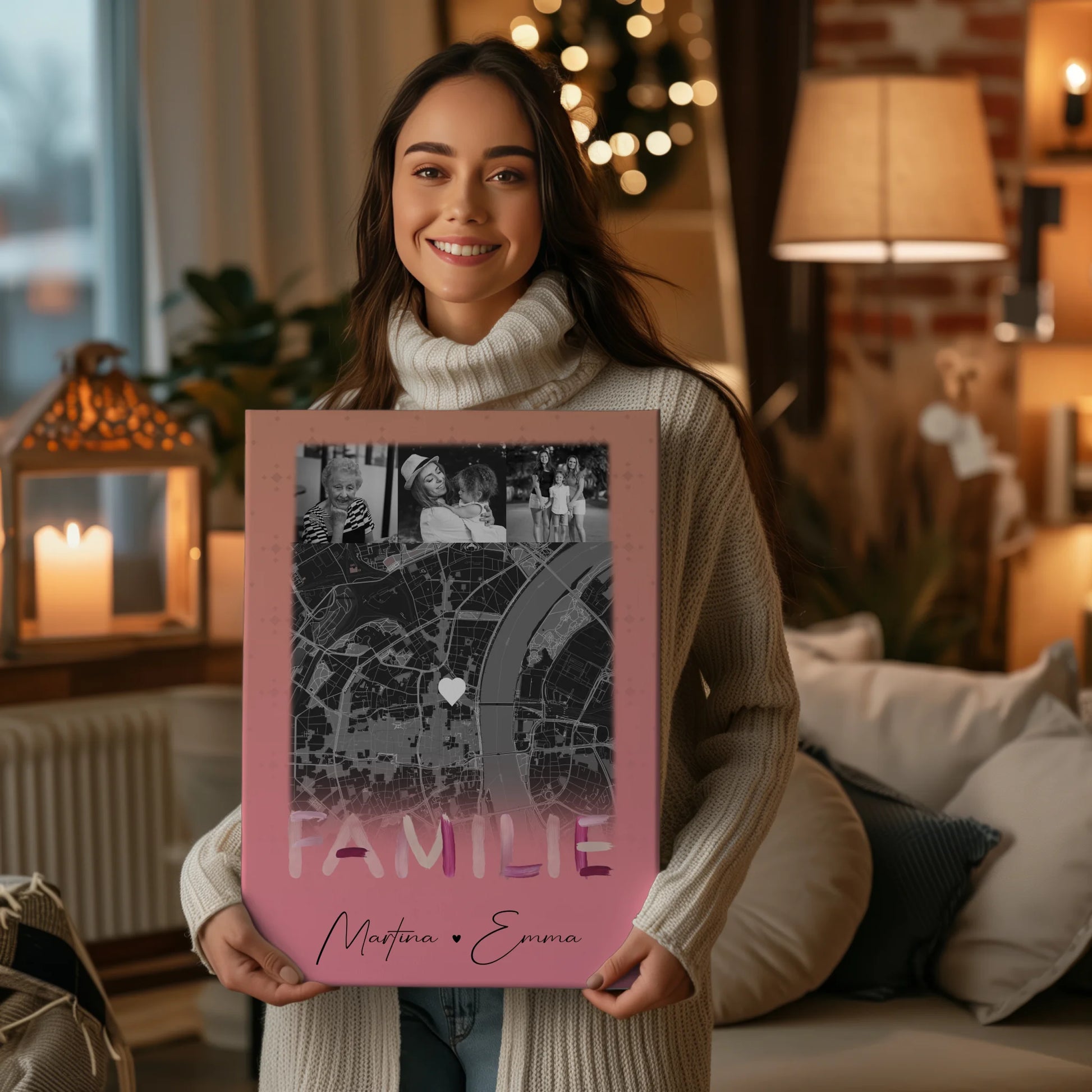 Personalisiertes Leinwand Wandbild Familie mit 4 Fotos und Karte Familiengeschenk 2