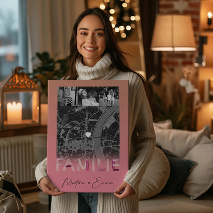 Personalisiertes Leinwand Wandbild Familie mit 4 Fotos und Karte Familiengeschenk 2