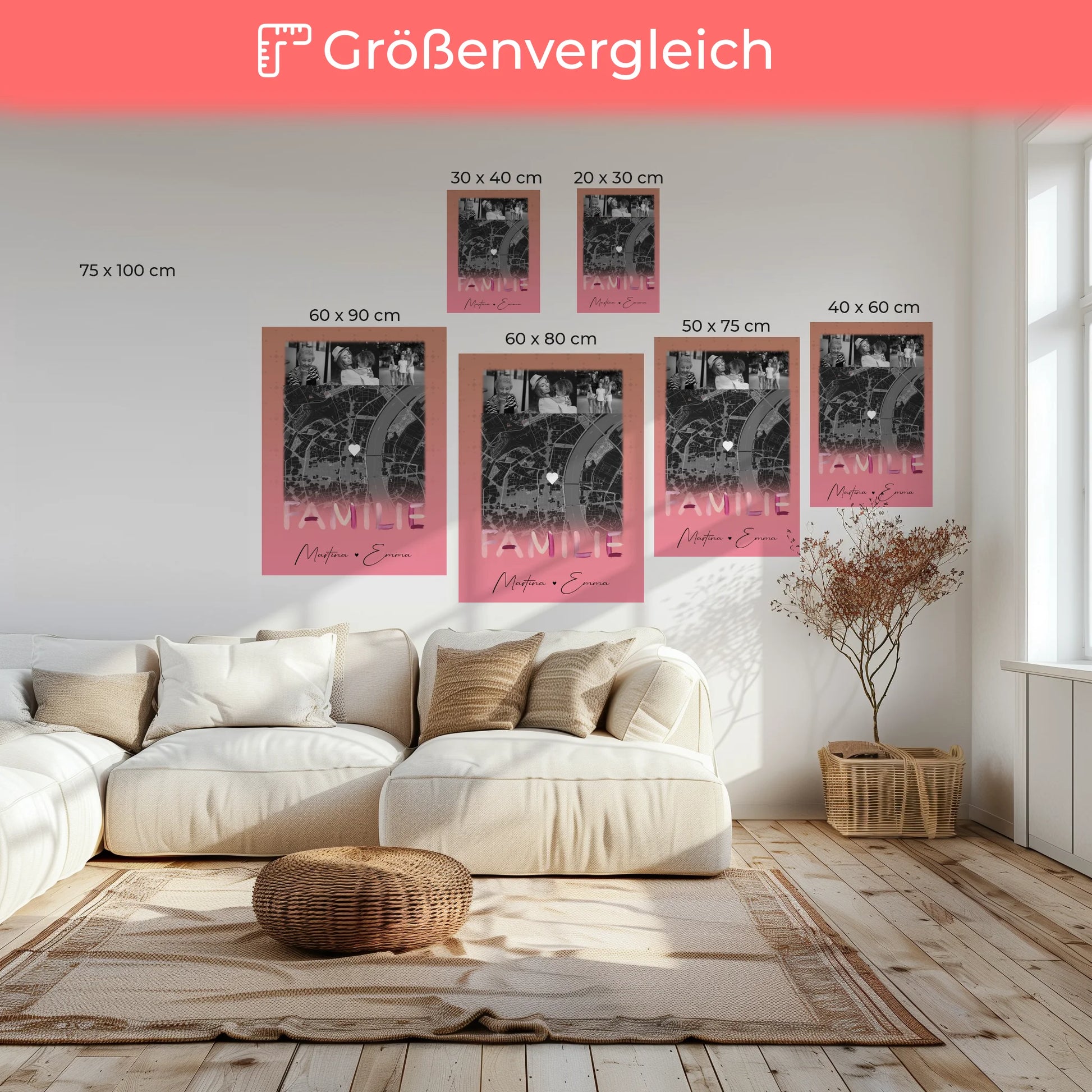 Personalisiertes Leinwand Wandbild Familie mit 4 Fotos und Karte Familiengeschenk 6