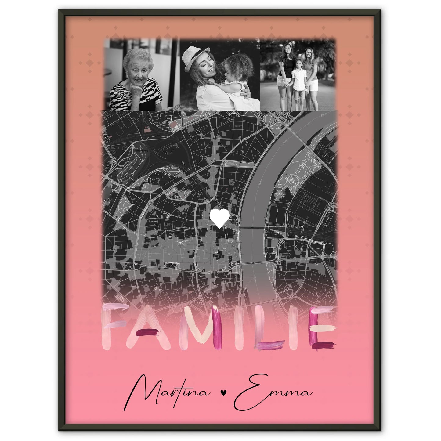 Familienposter Namen personalisiert mit 4 Fotos und Karte als Geschenk für die Familie