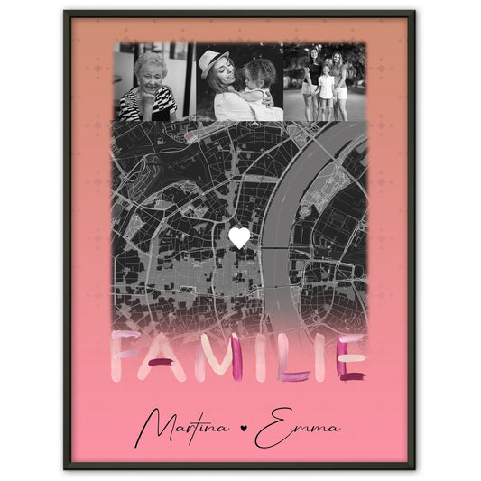 Familienposter Namen personalisiert mit 4 Fotos und Karte als Geschenk für die Familie