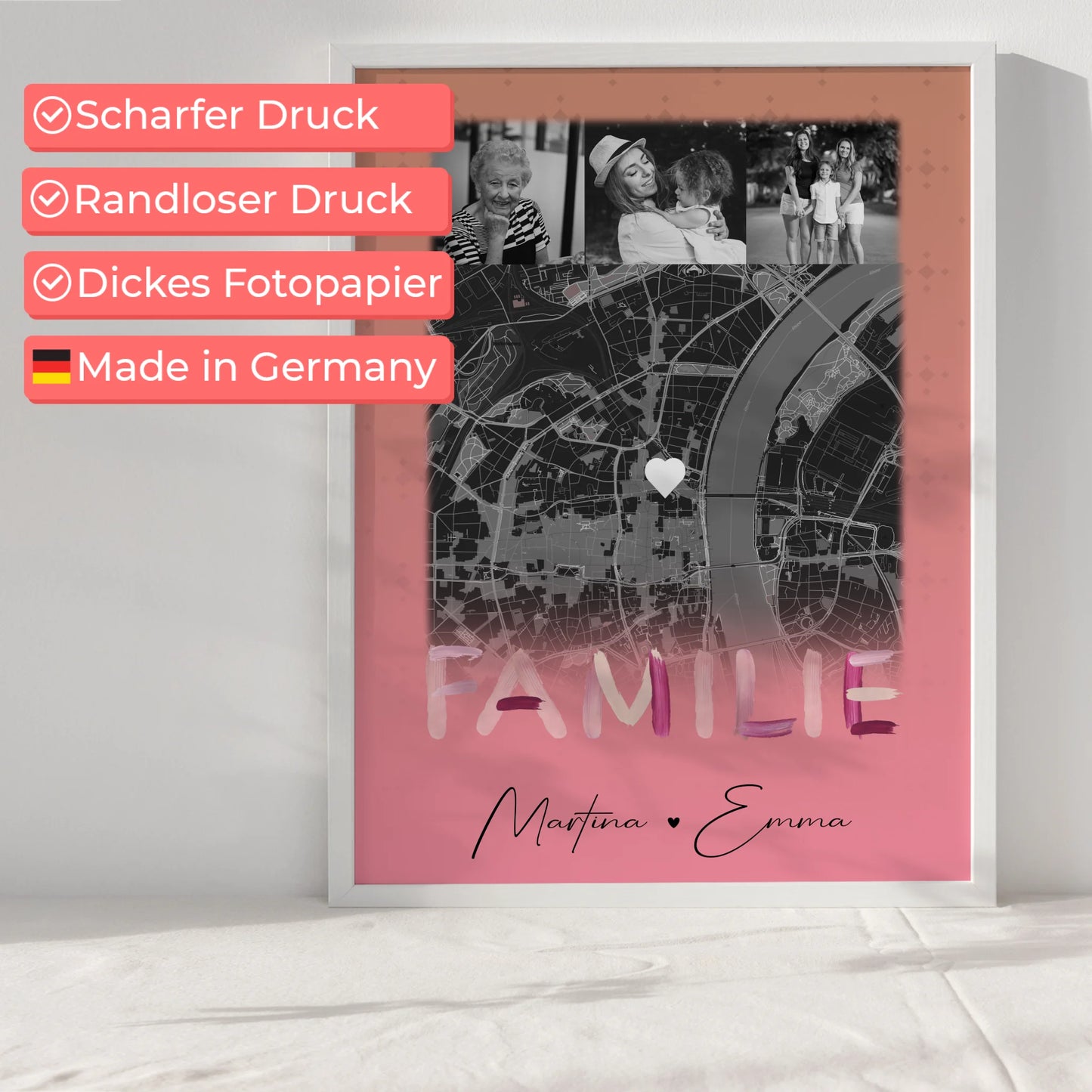 Familienposter Namen personalisiert mit 4 Fotos und Karte als Geschenk für die Familie
