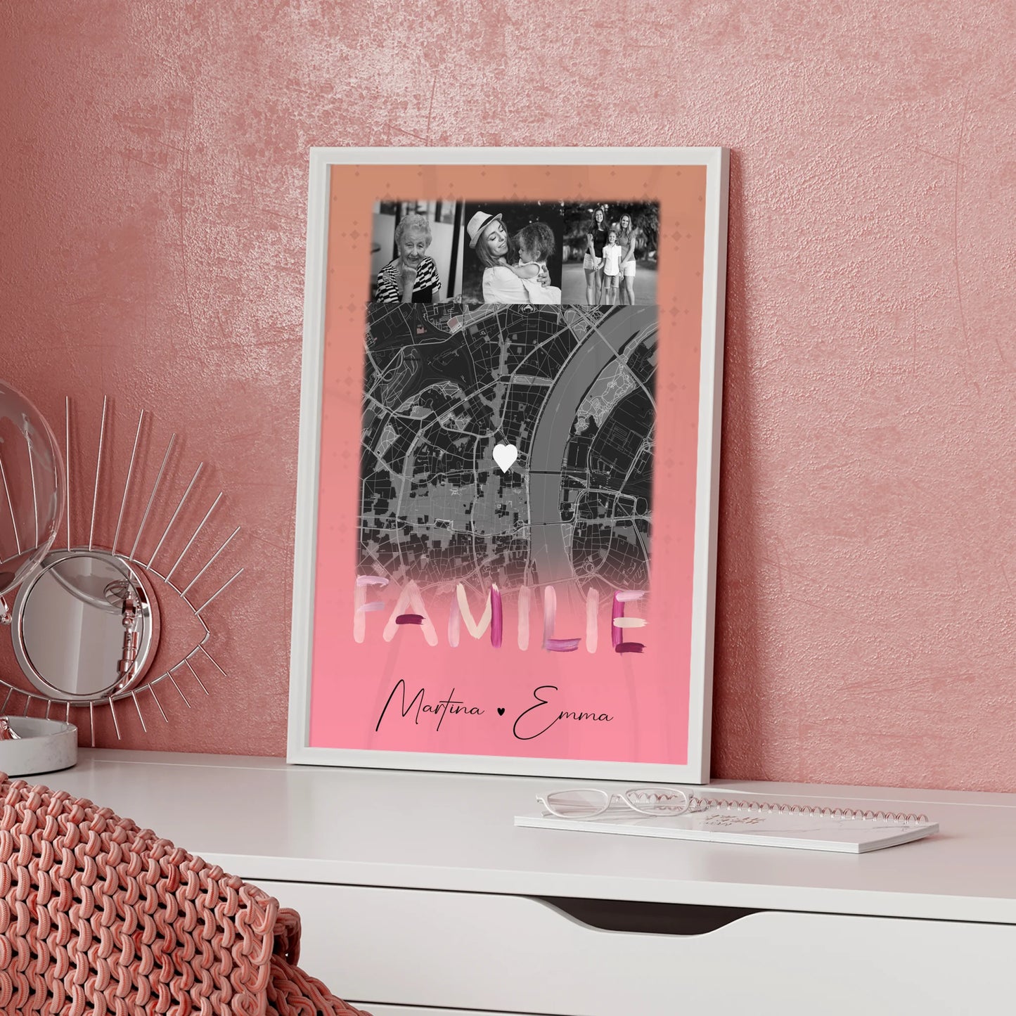 Familienposter Namen personalisiert mit 4 Fotos und Karte als Geschenk für die Familie