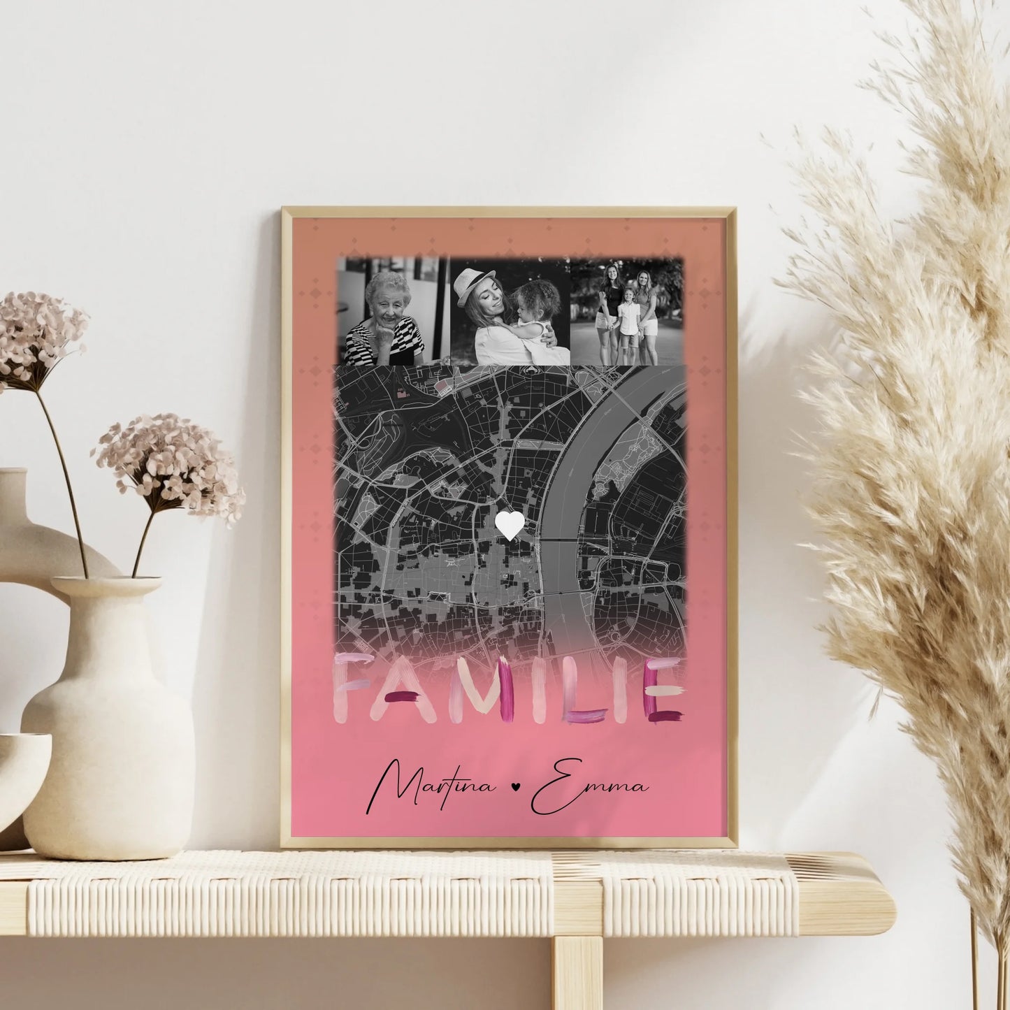 Familienposter Namen personalisiert mit 4 Fotos und Karte als Geschenk für die Familie