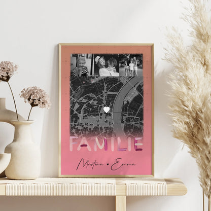 Familienposter Namen personalisiert mit 4 Fotos und Karte als Geschenk für die Familie