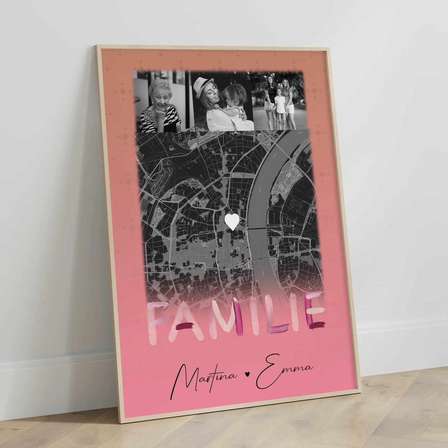 Familienposter Namen personalisiert mit 4 Fotos und Karte als Geschenk für die Familie