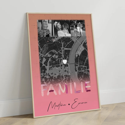 Familienposter Namen personalisiert mit 4 Fotos und Karte als Geschenk für die Familie