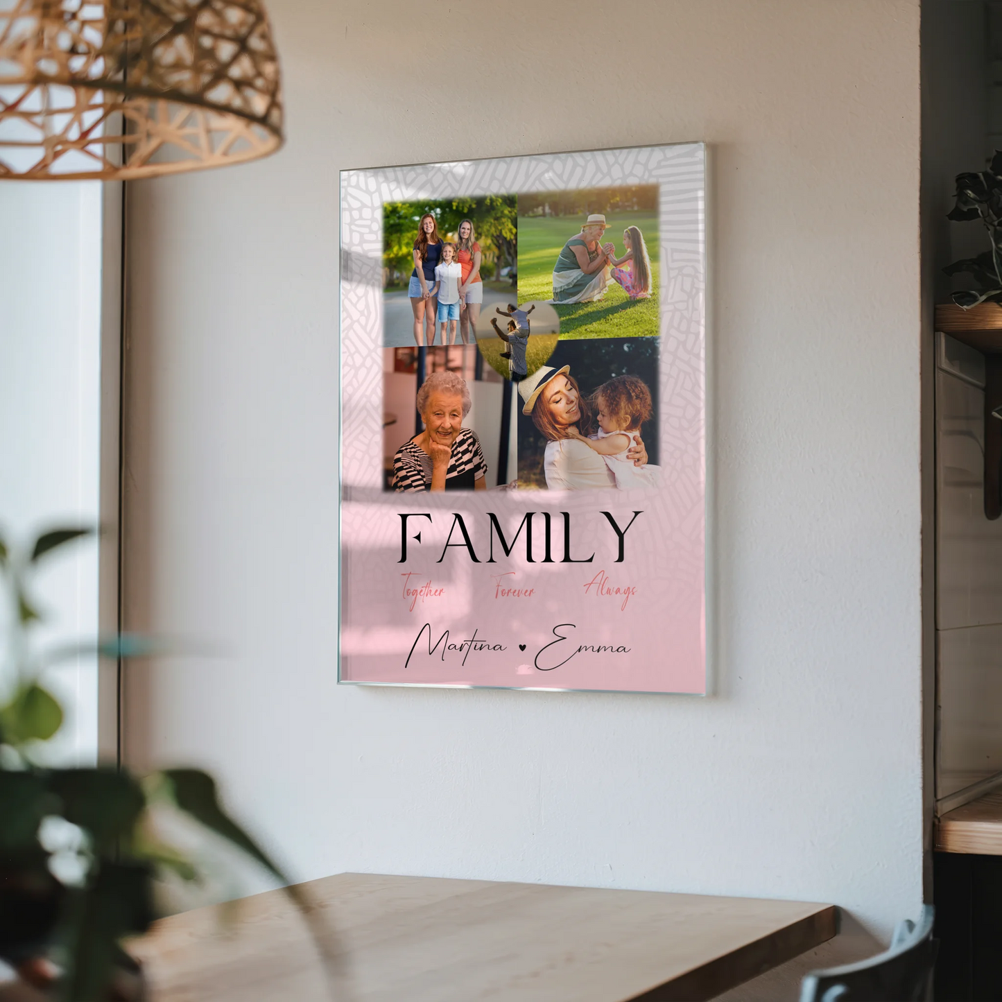 Familienbild Personalisiert mit 4 Fotos und 1 Herz Foto Family Together Geschenk für Familienfreude