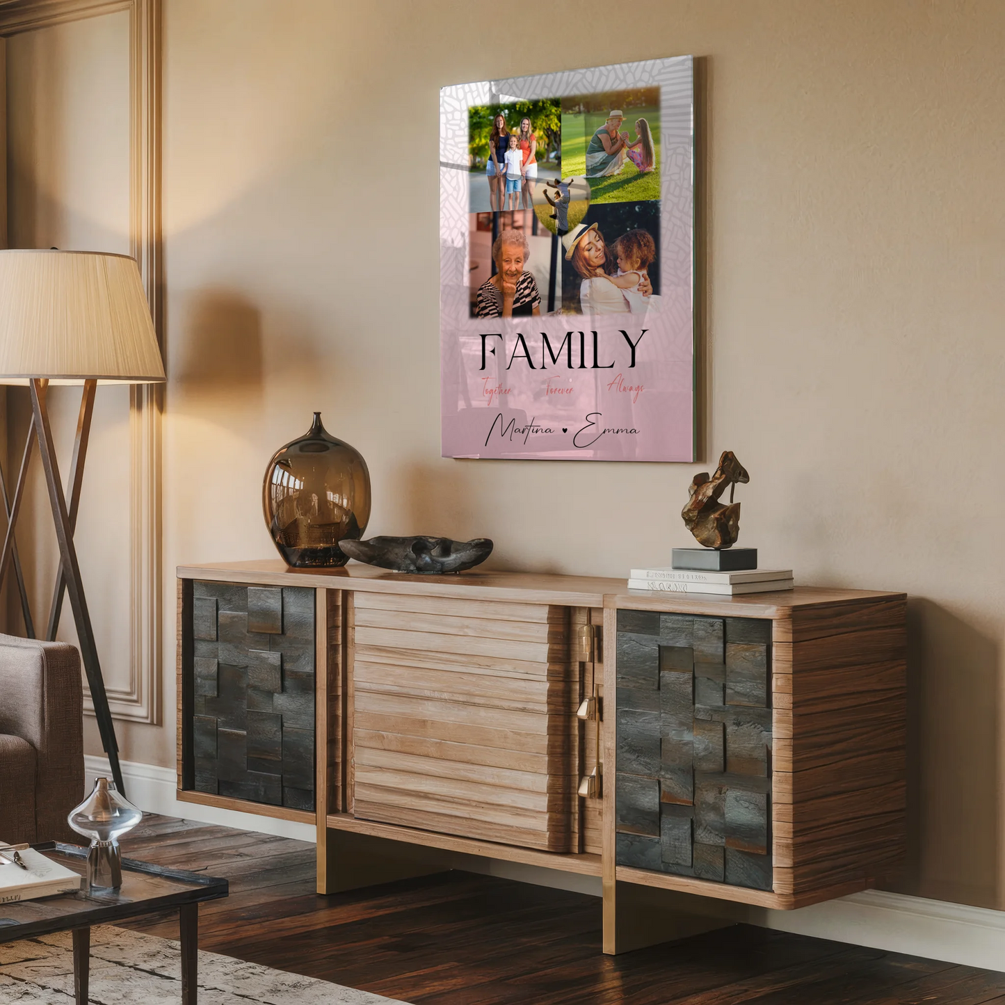 Familienbild Personalisiert mit 4 Fotos und 1 Herz Foto Family Together Geschenk für Familienfreude