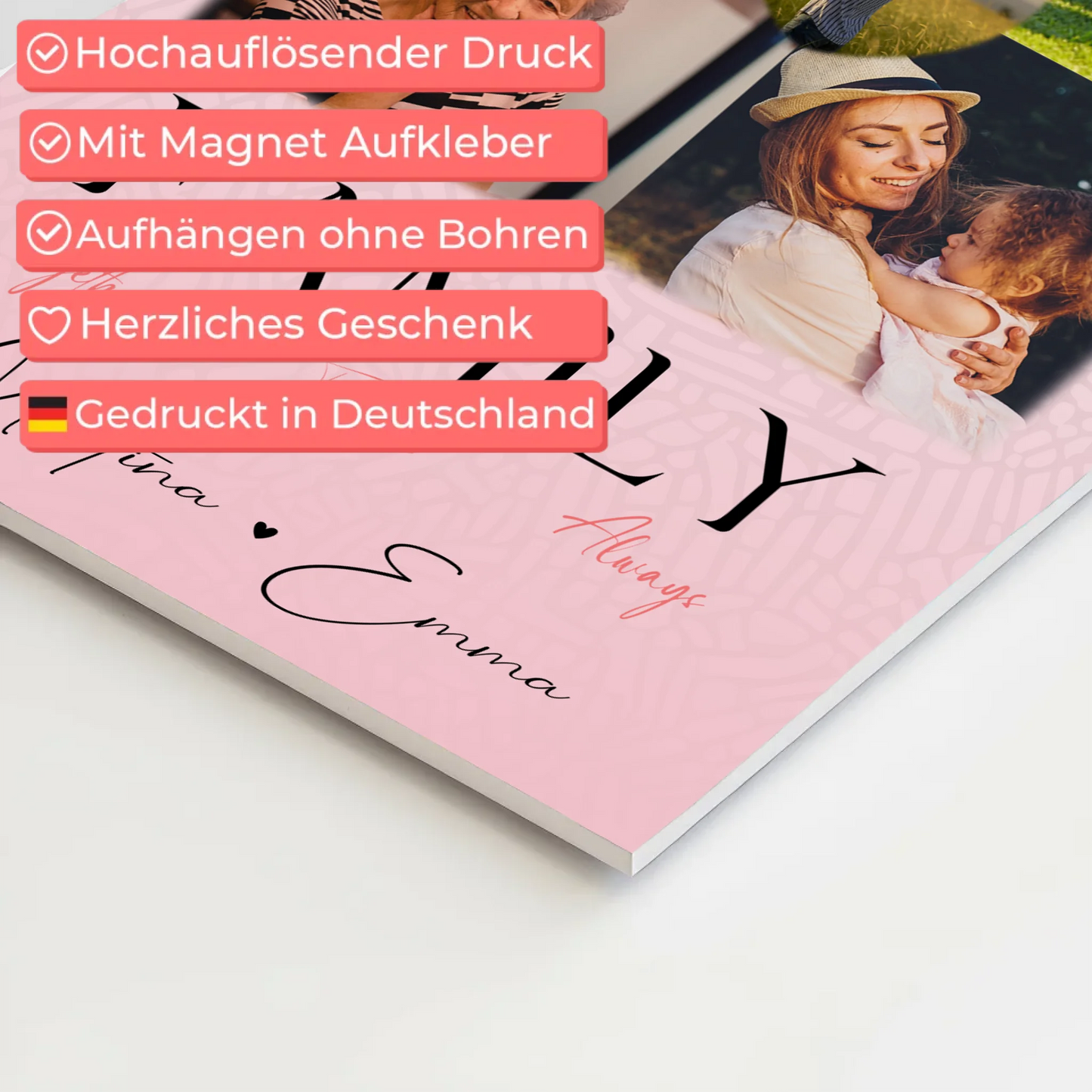 Familienbild Personalisiert mit 4 Fotos und 1 Herz Foto Family Together Individuelles Geschenk