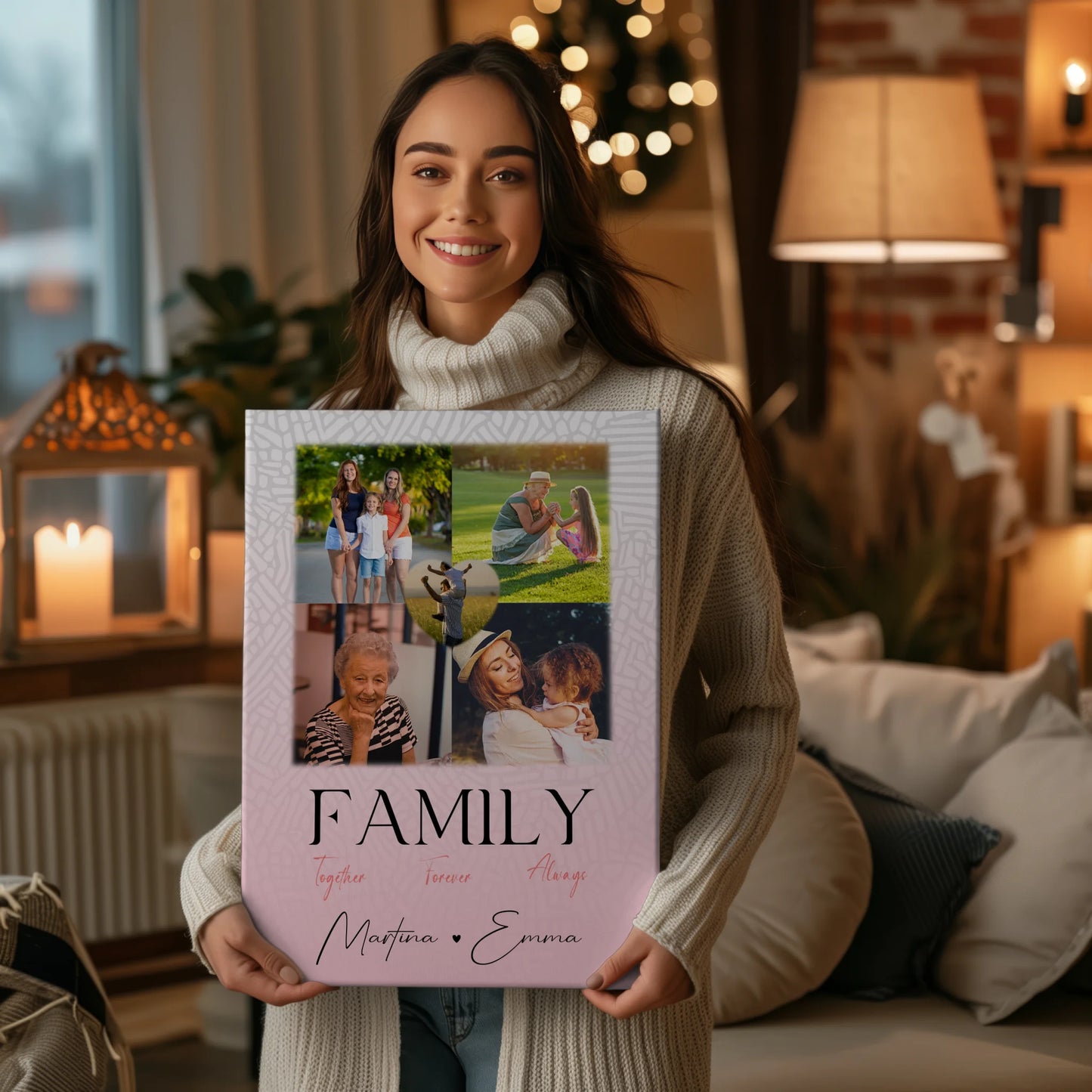 Personalisierte Fotoleinwand mit 4 Fotos und 1 Herz Foto Family Together Geschenk 2