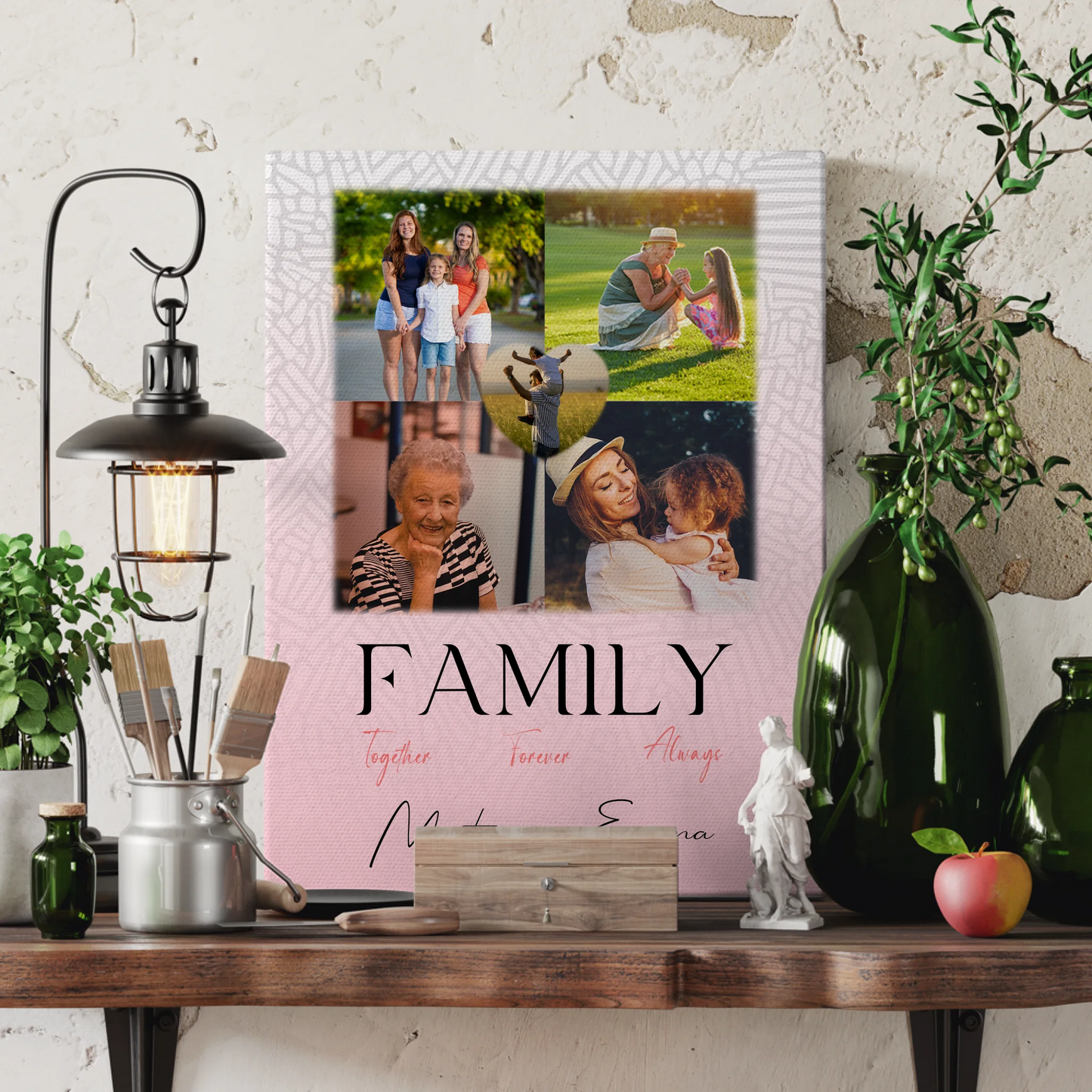 Personalisierte Fotoleinwand mit 4 Fotos und 1 Herz Foto Family Together Geschenk 3