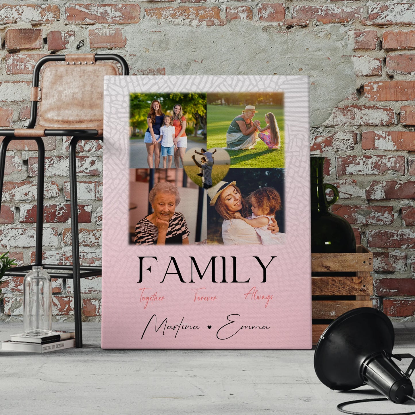 Personalisierte Fotoleinwand mit 4 Fotos und 1 Herz Foto Family Together Geschenk 4