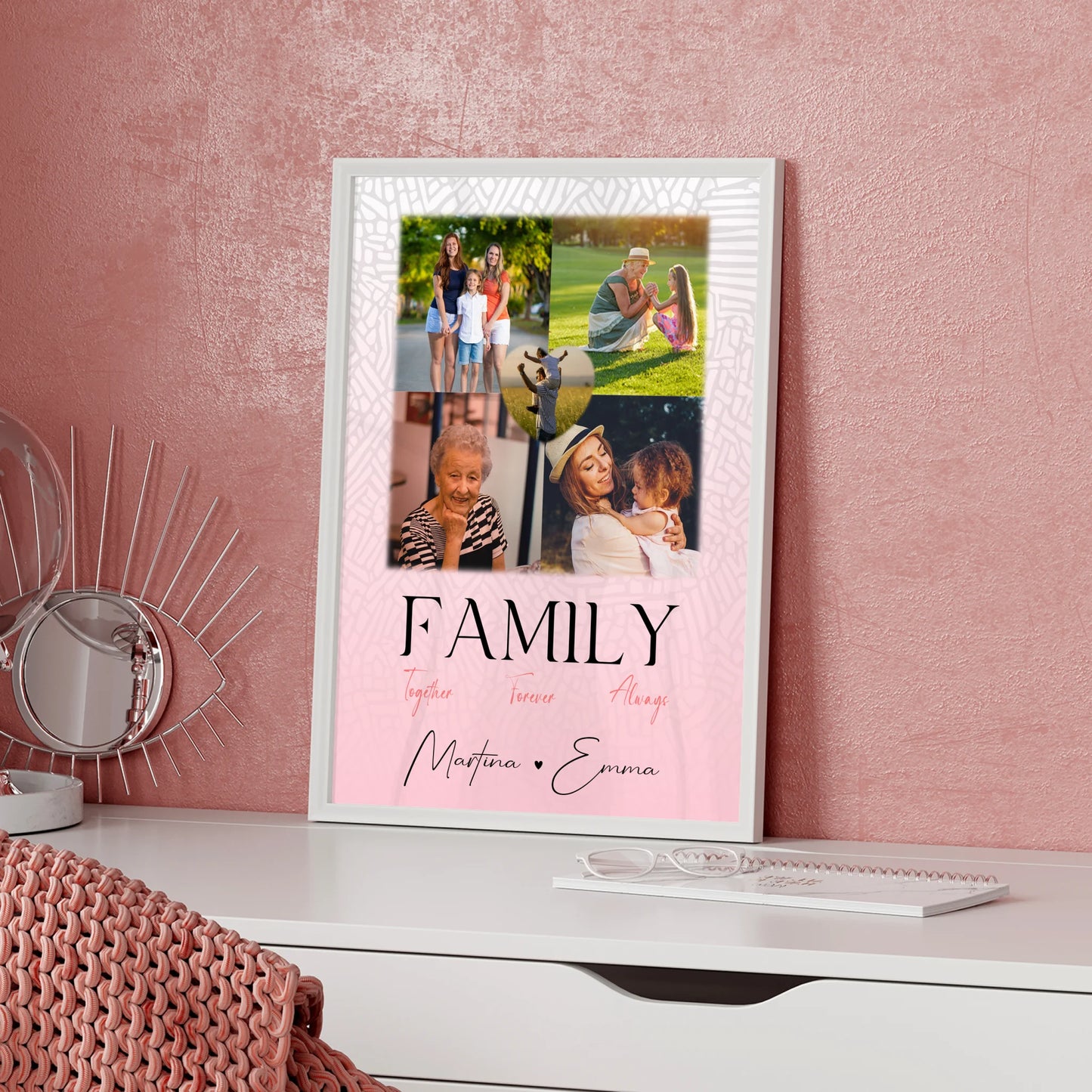 Poster Mit Namen Familie personalisiert mit 4 Fotos und 1 Herz Foto Family Togehter