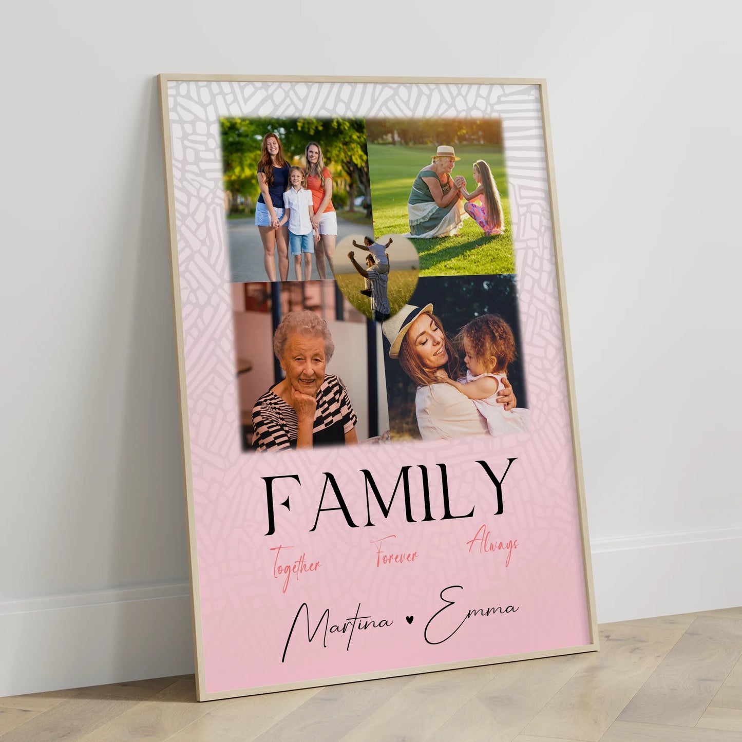 Poster Mit Namen Familie personalisiert mit 4 Fotos und 1 Herz Foto Family Togehter