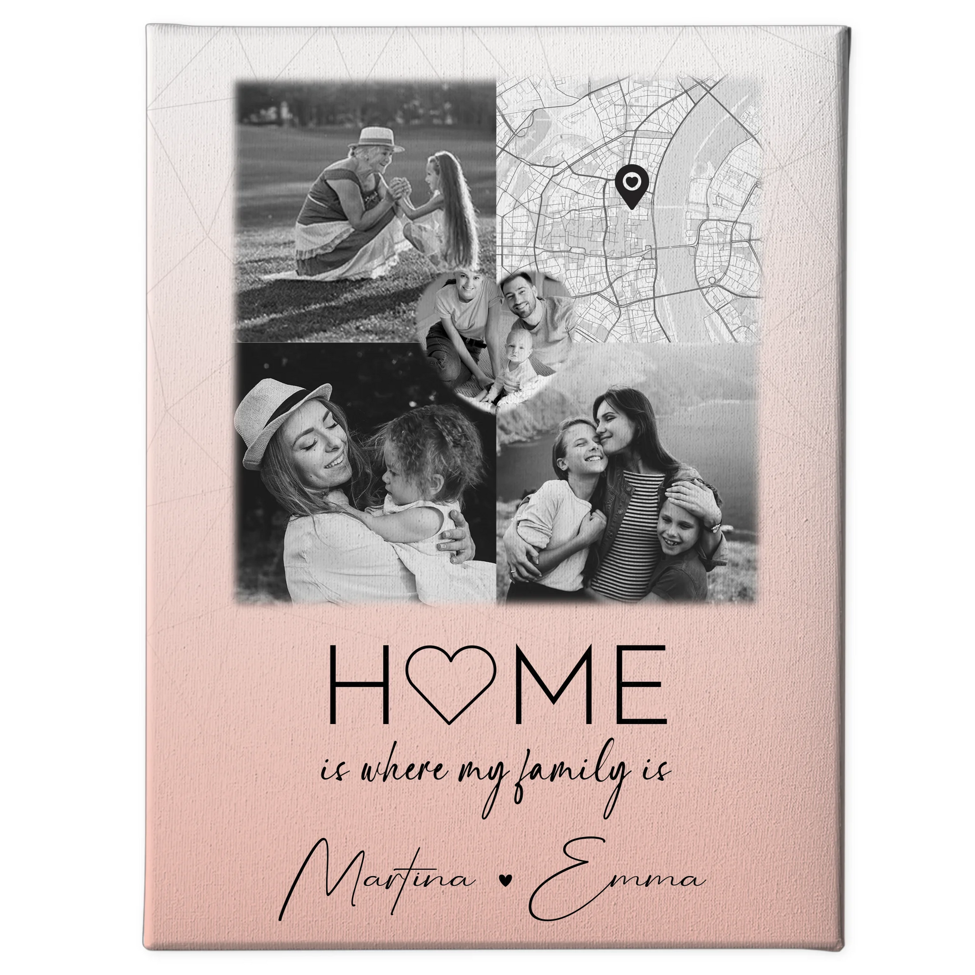 Leinwand Wandbild Familie Personalisiert mit 3 Fotos und Herz Foto Karte Where My Family Is 1