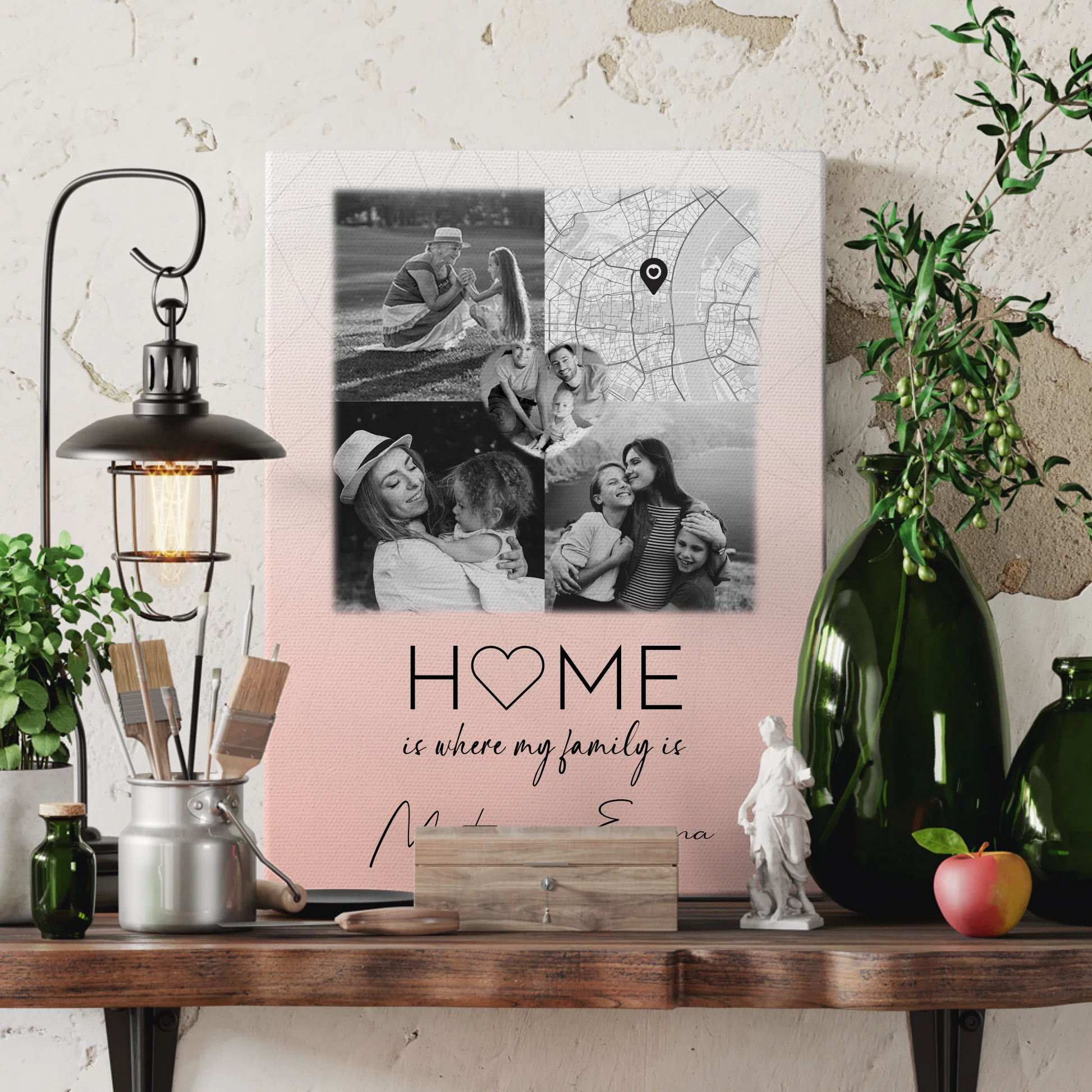 Leinwand Wandbild Familie Personalisiert mit 3 Fotos und Herz Foto Karte Where My Family Is 3