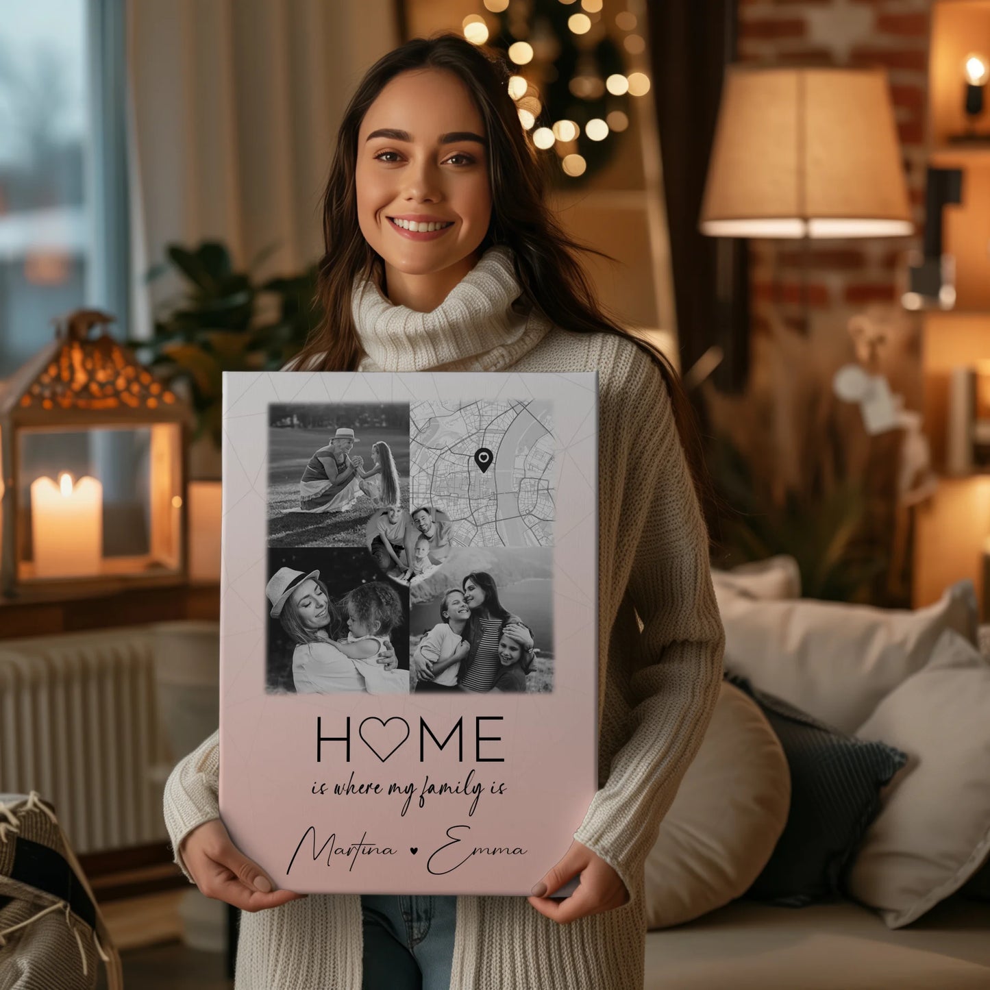 Leinwand Wandbild Familie Personalisiert mit 3 Fotos und Herz Foto Karte Where My Family Is 2