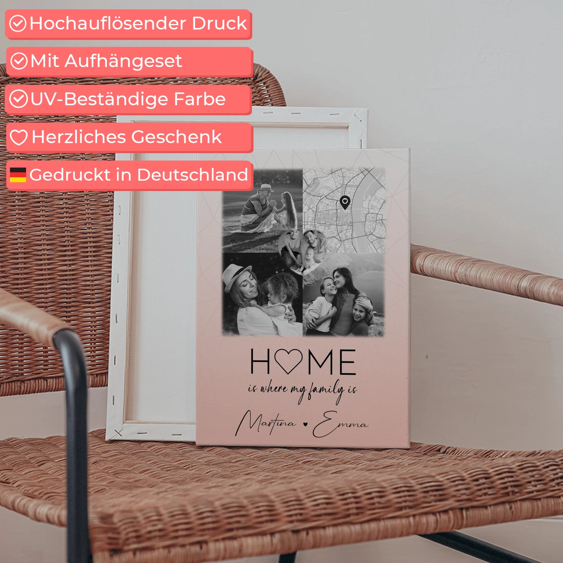 Leinwand Wandbild Familie Personalisiert mit 3 Fotos und Herz Foto Karte Where My Family Is 5