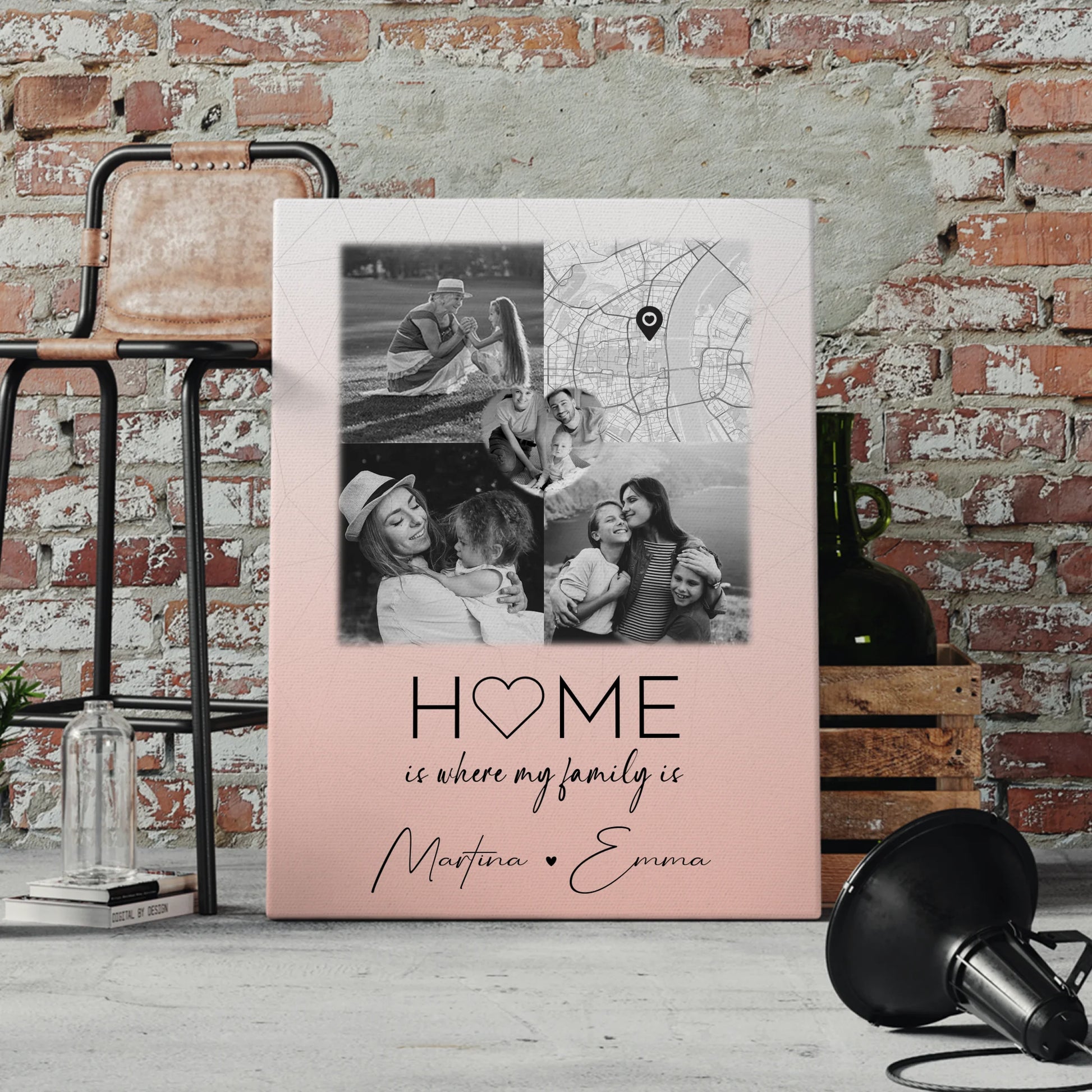 Leinwand Wandbild Familie Personalisiert mit 3 Fotos und Herz Foto Karte Where My Family Is 4