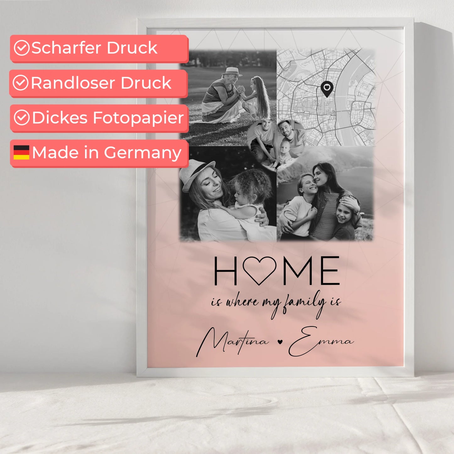 Familienposter Personalisiert Mit Namen 3 Fotos und 1 Herz Foto und Karte Where My Family Is
